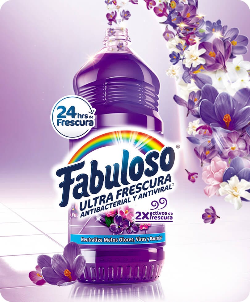 Limpiador Fabuloso Lavanda: 24 horas de frescura, antibacterial y antiviral con aroma intenso.