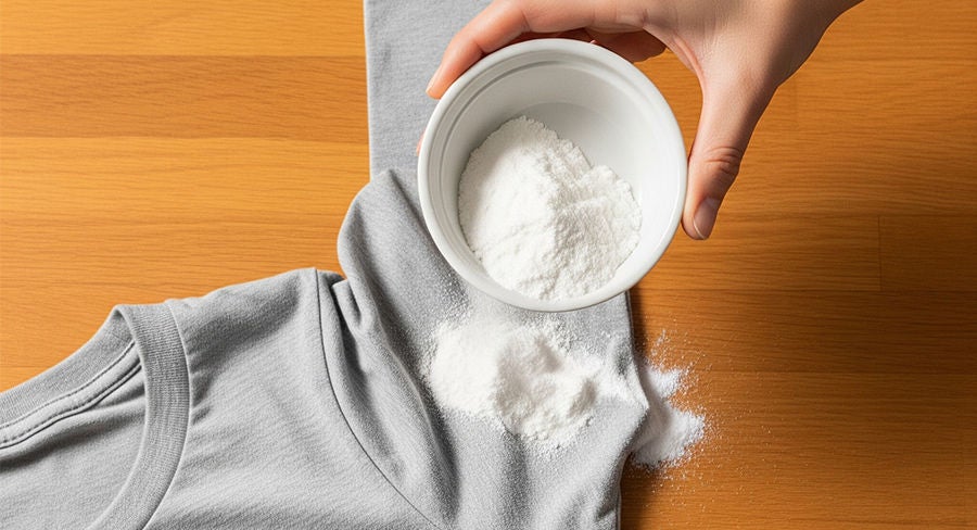 Persona aplicando bicarbonato de sodio a la macha de una camiseta