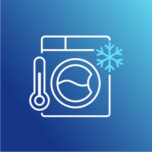 Icono de lavadora con un termómetro y un copo de nieve que representa el lavado en agua fría.