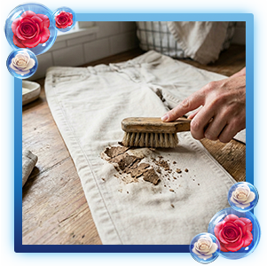 Persona usando un cepillo de cerdas de madera para raspar tierra seca acumulada sobre un pantalón beige.
