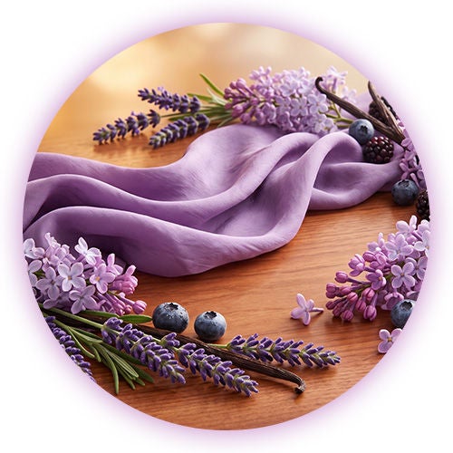 Flores de lavanda y lila, arándanos, moras y vainas de vainilla sobre una tela morada satinada y fondo de madera.