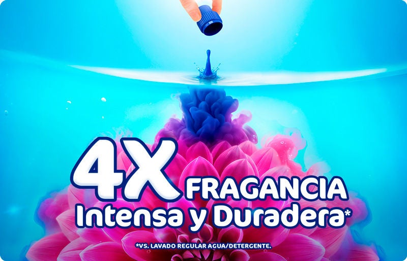 Gota de suavizante cayendo en agua sobre una flor rosa con la leyenda 4X fragancia intensa y duradera.