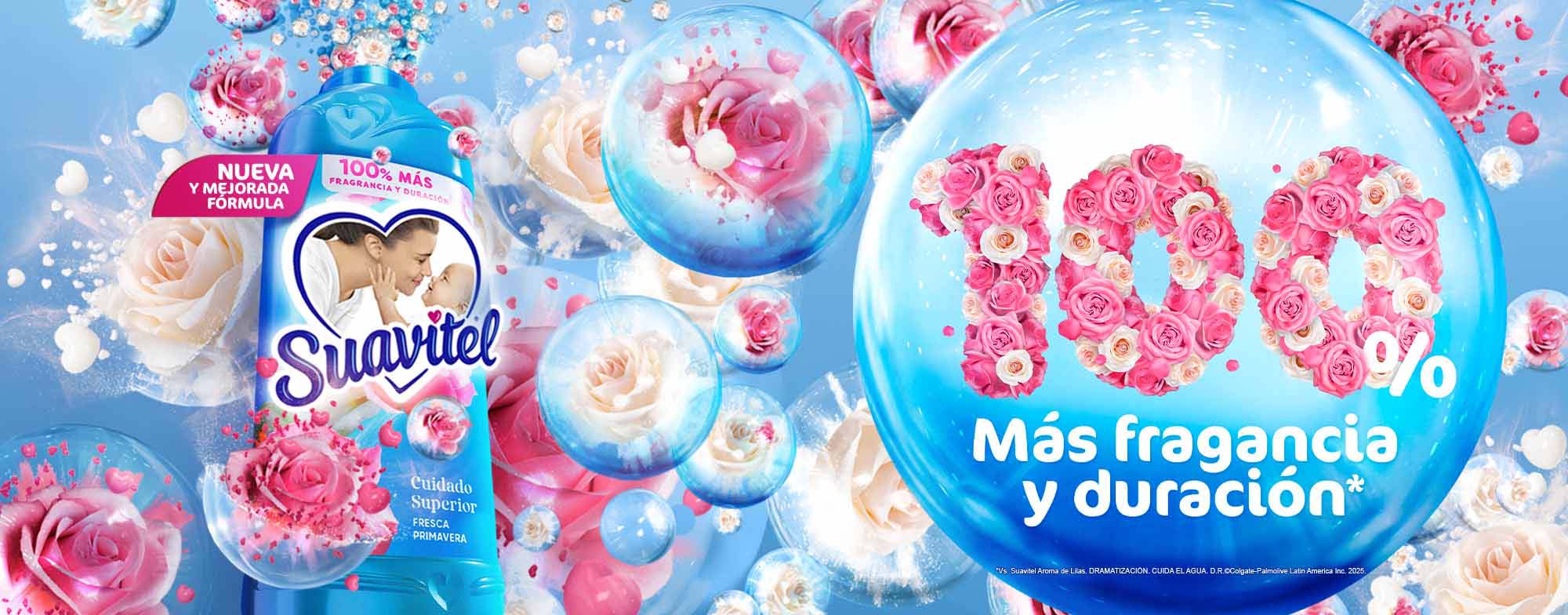Botella de Suavitel junto a flores rosas representando fragancia intensa del mejor suavizante de ropa.