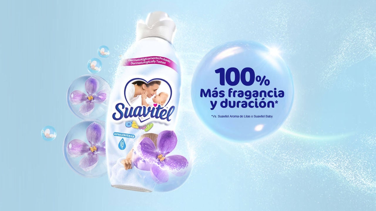 Botella de suavizante de telas Suavitel Baby Antibacterial de color blanco, diseñada para el cuidado de ropa de bebé.