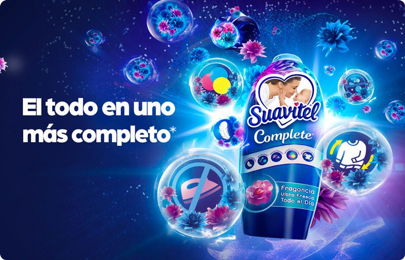Botella de suavizante Suavitel Complete el todo en uno más completo sobre fondo azul brillante