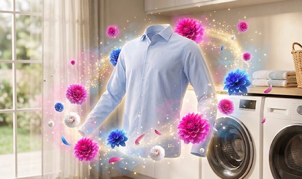 Camisa azul flotando impecable y protegida, que demuestra el resultado de cómo se lava la ropa en la lavadora
