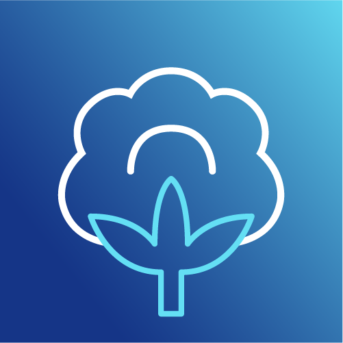 Icono de una bellota de algodón sobre fondo azul degradado, representando telas de fibras naturales.