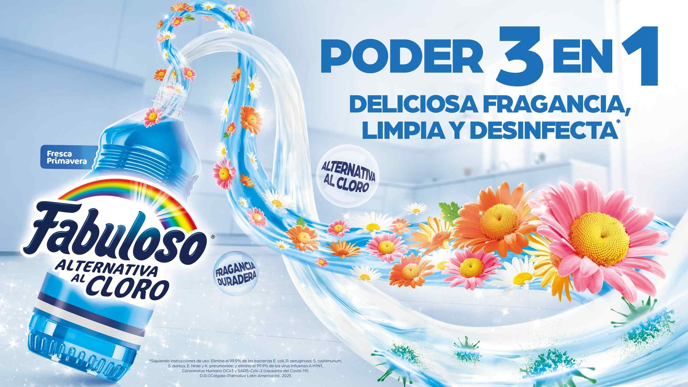 Limpiador Fabuloso Alternativa al Cloro Fresca Primavera 3 en 1 desinfecta y aromatiza con fragancia duradera.