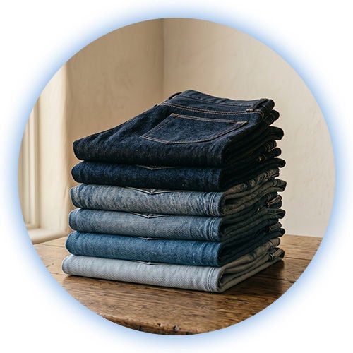Pila de jeans azules doblados, evitando su rápido desgaste al dominar cómo lavar ropa de mezclilla.