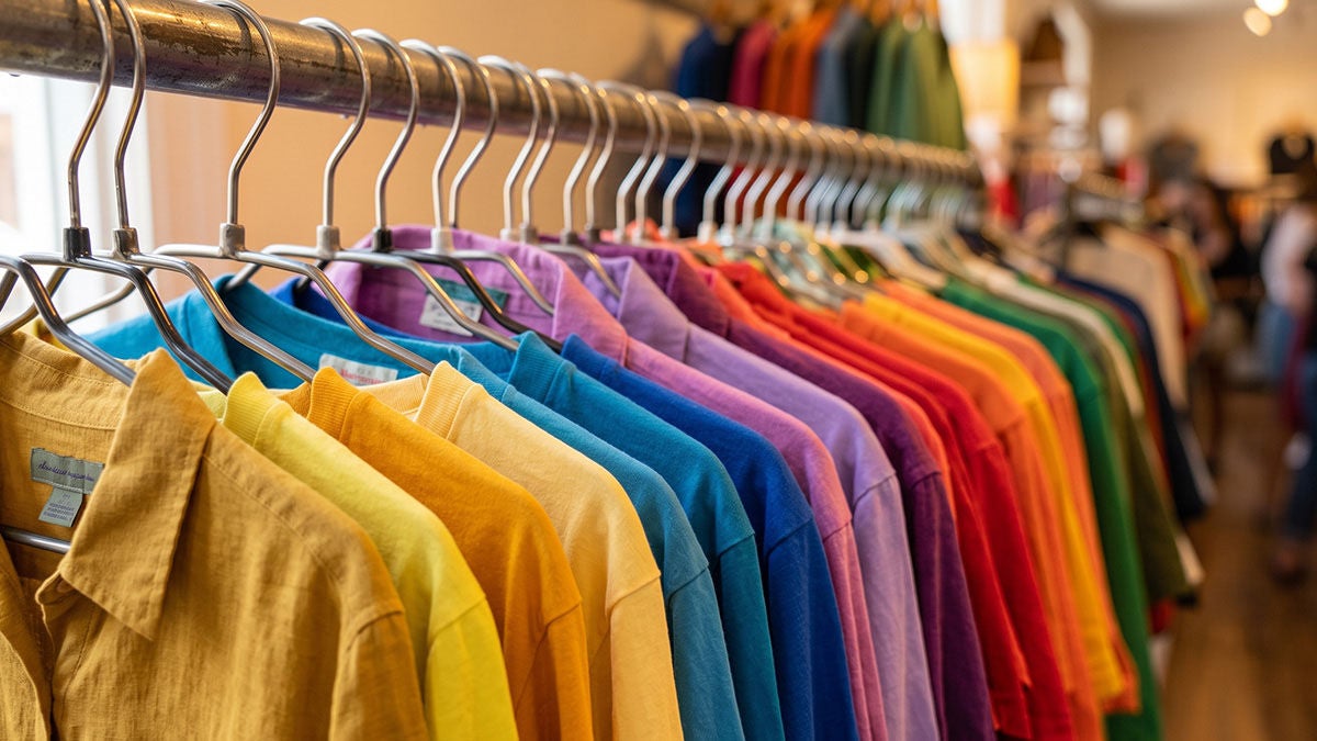 Camisas de diferentes tonos colgando en percheros, demostrando el cuidado ideal al lavar la ropa.