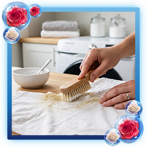 Cepillado suave de una camisa blanca con pasta de bicarbonato para quitar manchas difíciles en la ropa.