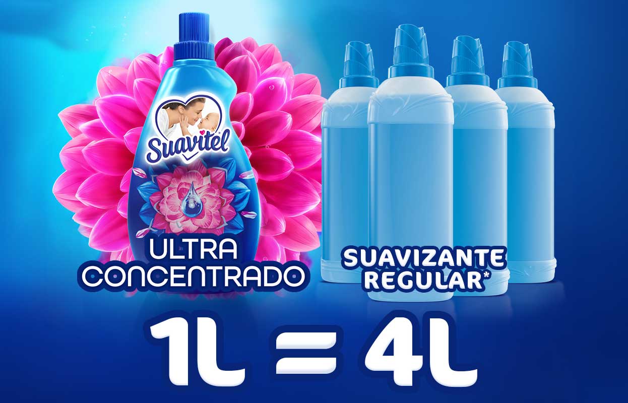 Comparativa de Suavitel Ultra Concentrado de 1L equivalente a 4L de suavizante regular.