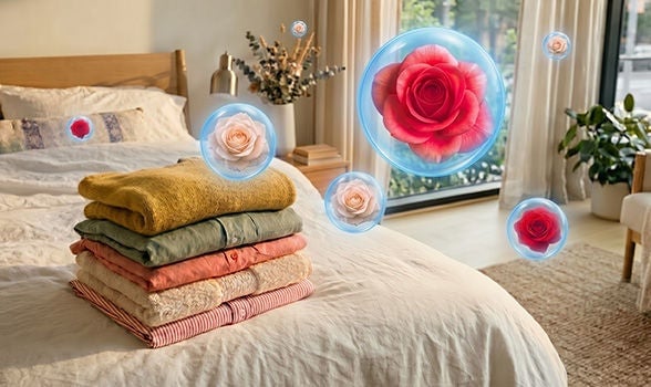 Ropa recién lavada y doblada en una cama de recámara, rodeada de burbujas flotantes con rosas que indican aroma fresco.