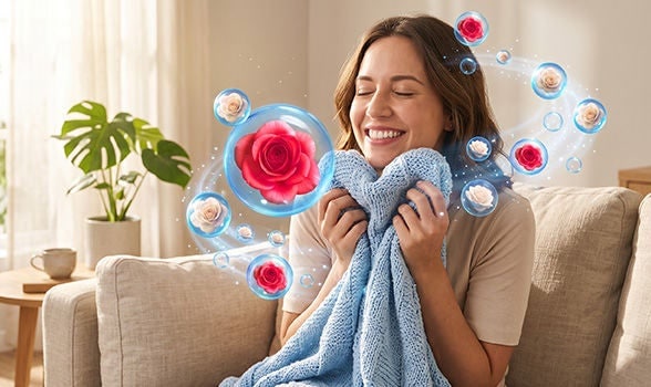 Mujer disfrutando del aroma y suavidad de su prenda tras un adecuado lavado de ropa.