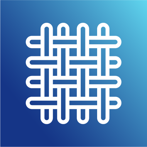 Icono de entramado de tejido sintético que representa telas de nylon y poliéster sobre fondo azul.