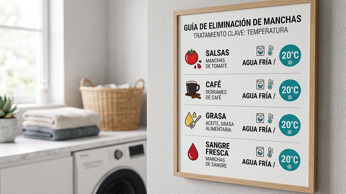 Cartel con instrucciones de temperatura para salsas, vital para descubrir cómo desmanchar ropa blanca en casa.