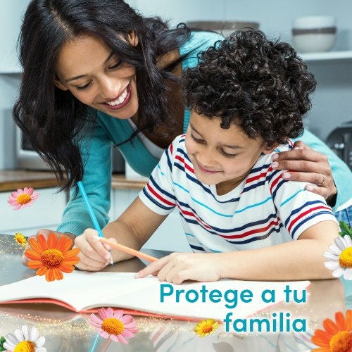 Madre e hijo conviven en casa limpia bajo el lema protege a tu familia con Fabuloso y flores de colores.