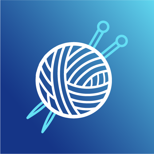 Icono de bola de estambre de lana con agujas de tejer cruzadas sobre un fondo azul.