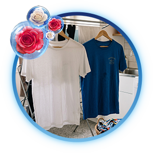 Playeras blanca y azul colgadas en ganchos en un tendedero interior, con burbujas de frescura y aroma a rosas.