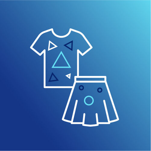 Icono de playera estampada con triángulos y falda con círculos sobre fondo azul, representando prendas con aplicaciones.