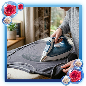 Mujer pasando una plancha azul de vapor sobre el revés de una camiseta gris con estampado, extendida en una tabla.