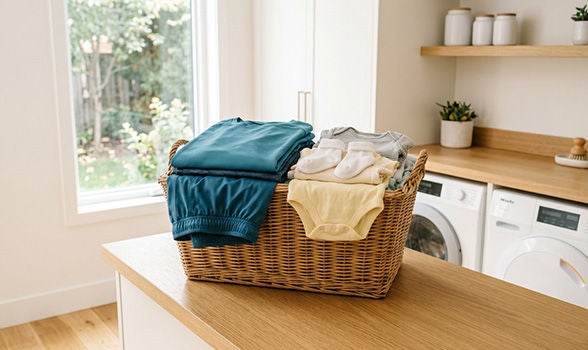 Cesto de mimbre sobre una mesa de madera con ropa de bebé y prendas deportivas limpias, organizadas y dobladas.