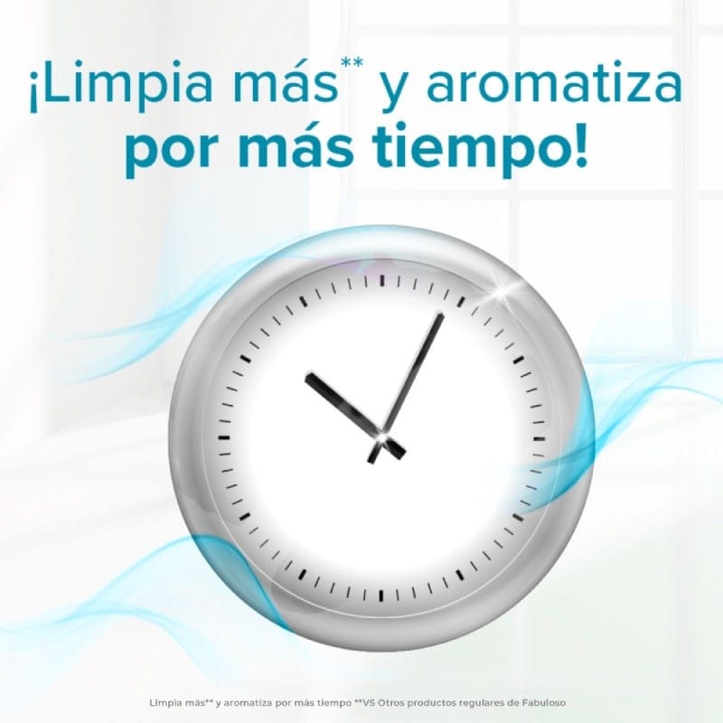Reloj análogo rodeado de ráfagas de frescura que indica limpieza profunda y aroma por más tiempo en el hogar.
