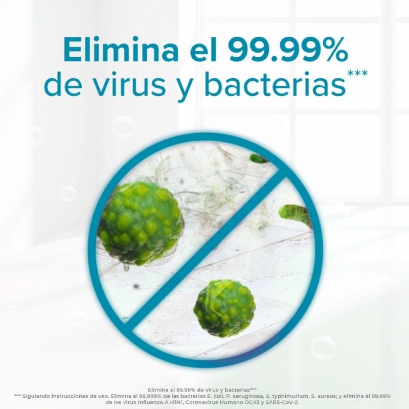 Gráfico circular tachado que muestra la eliminación del 99.99% de virus y bacterias en superficies del hogar.