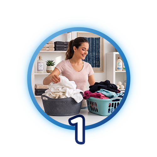 Paso 1: Mujer sonriendo mientras separa la ropa blanca de la ropa de color en dos cestos diferentes en un cuarto de lavado.