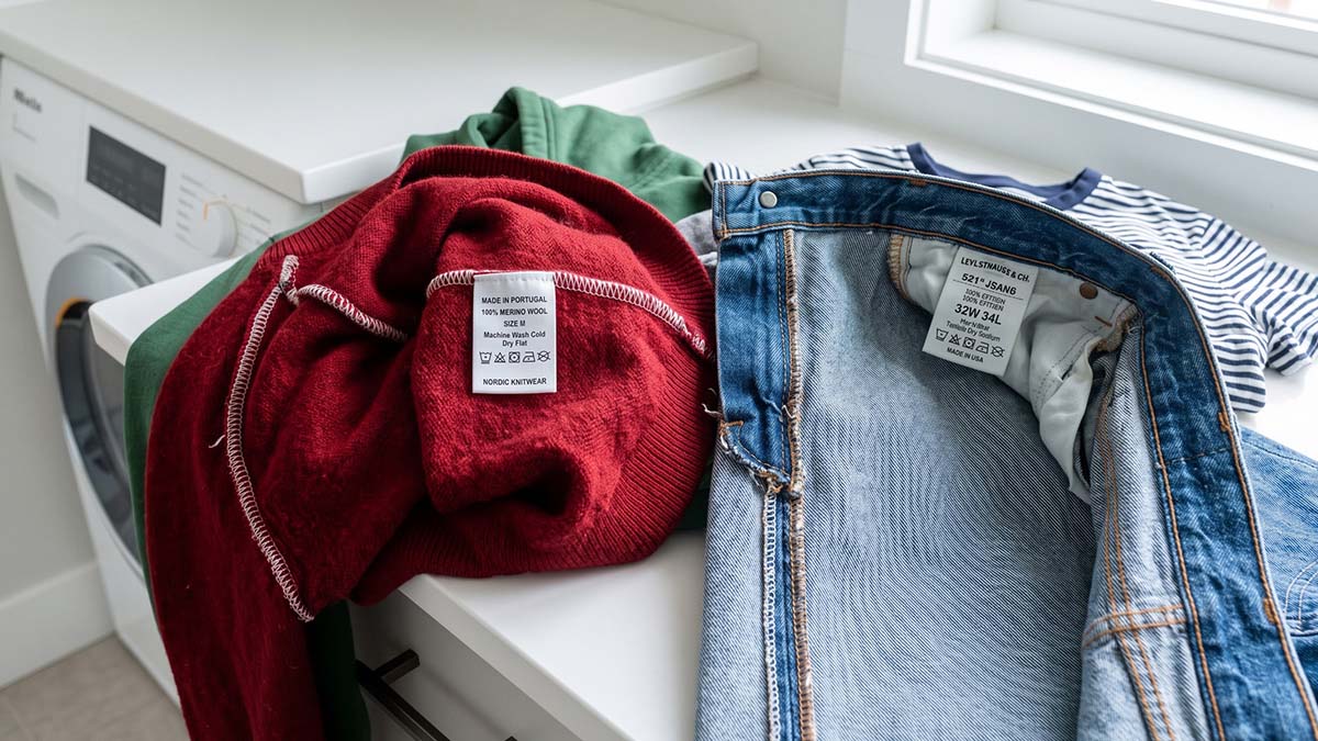 Etiquetas textiles expuestas en suéter rojo y jeans, indicando recomendaciones sobre cómo separar la ropa para lavar.