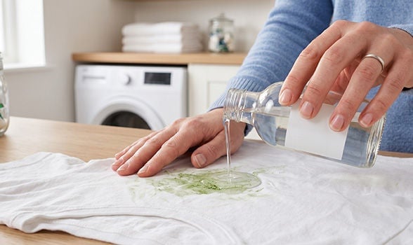 Tratamiento directo sobre una mancha verde en ropa blanca, como ejemplo de trucos caseros para quitar manchas difíciles.