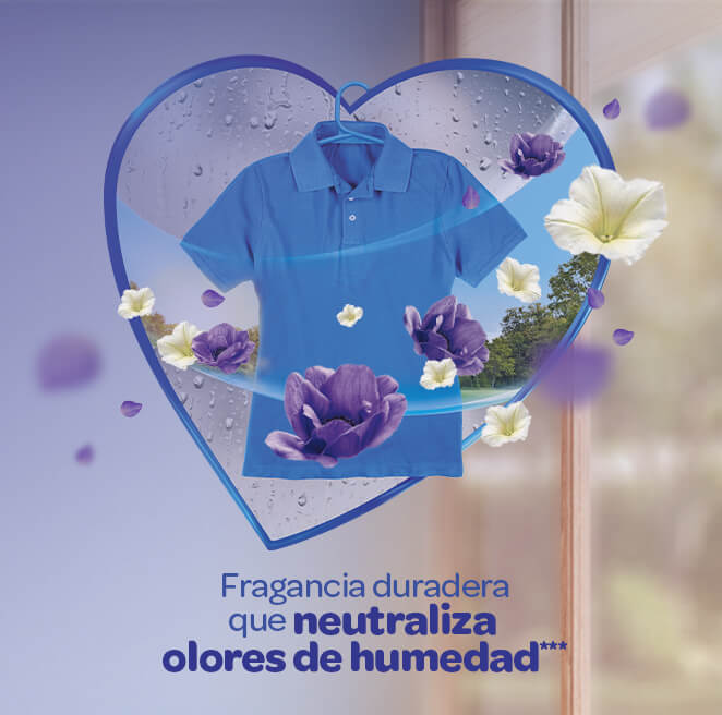 Camiseta rodeada de flores blancas y moradas con Suavizante Suavitel Cuidado Superior Anochecer