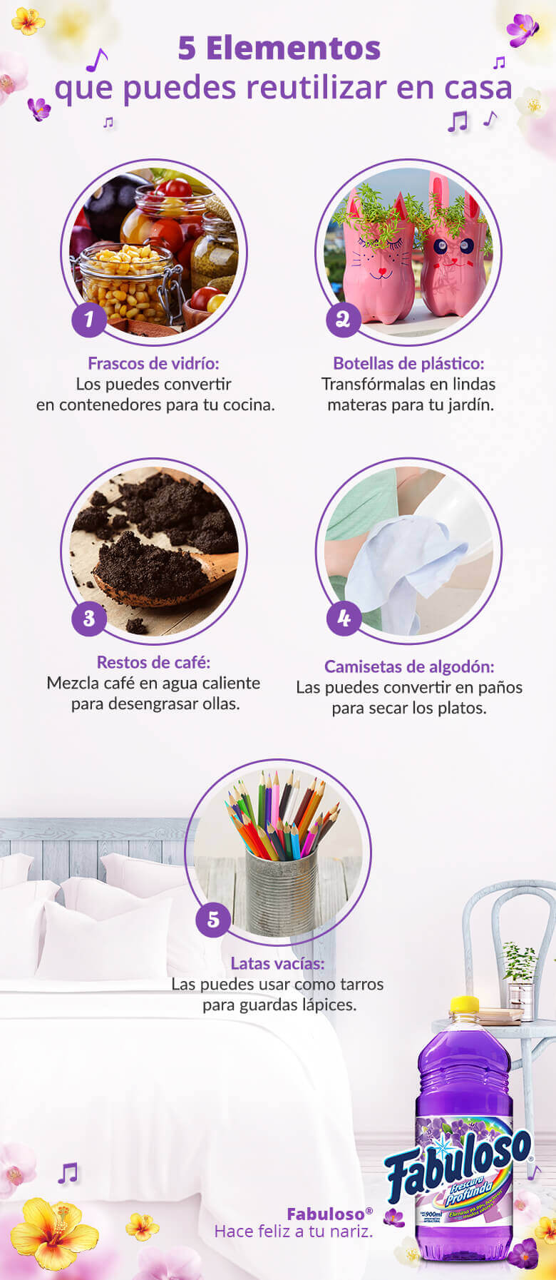 Infografía sobre 5 Elementos que puedes reutilizar en casa: Frascos de vidrio, Botellas de plástico, Restos de café, Camisetas de algodón y Latas vacías.