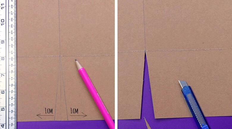 Cartón con medidas, un lápiz y un bisturí 