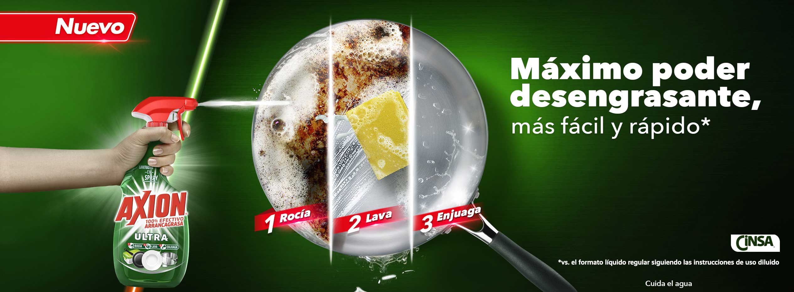 Nuevo Axion® Ultra en Spray. Lavatrastes multiusos con máximo poder desengrasante, más fácil y rápido. Sólo rocía, lava y enjuaga