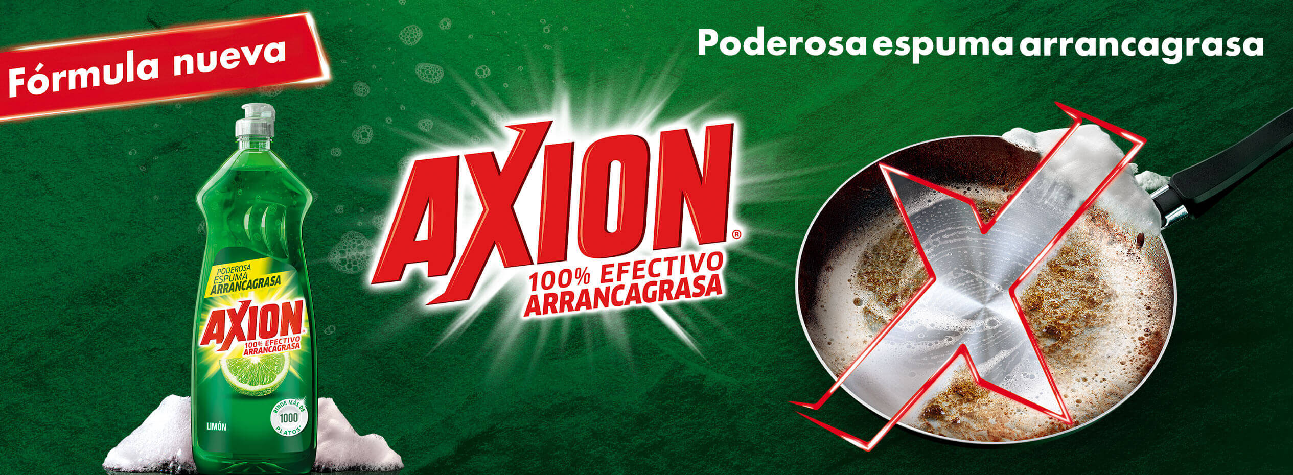 Axion® Limón. 100% efectivo arrancagrasa. Su nueva fórmula con poderosa espuma arrancagrasa rinde más de 1,000 platos