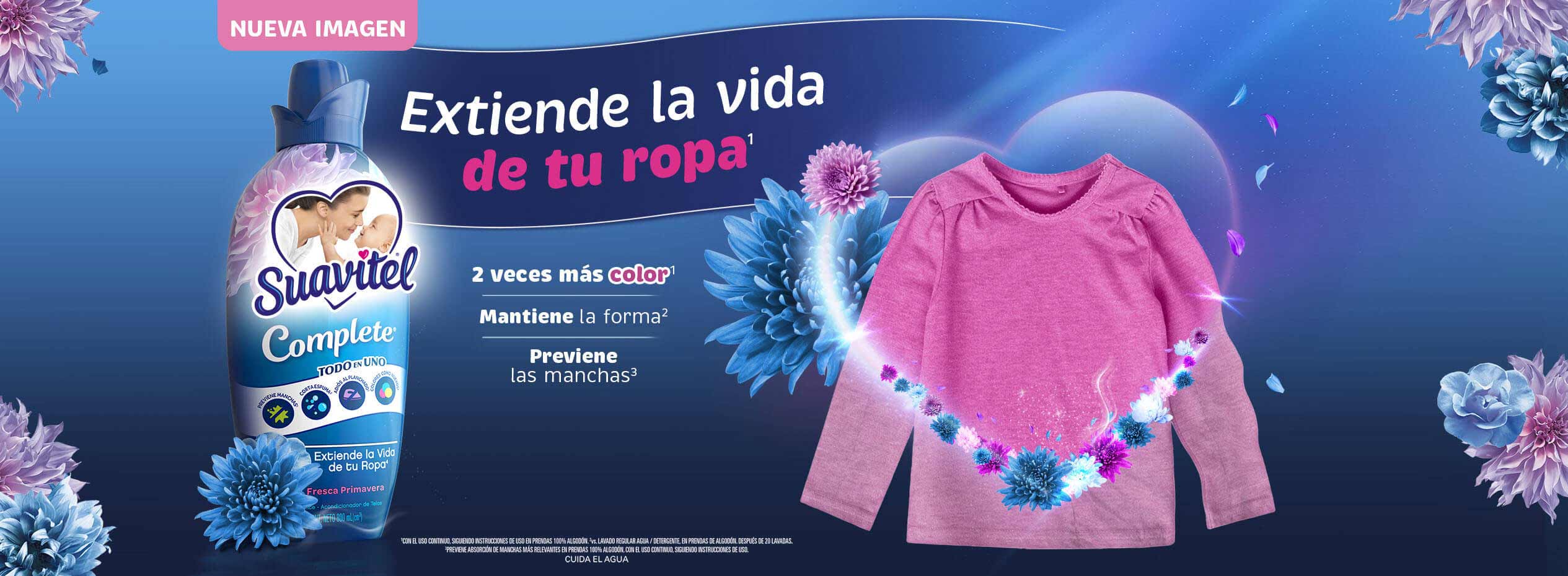 Nueva imagen Suavitel® Complete Fresca Primavera. Todo en uno. Fórmula con fragancia concentrada que además te ayuda a prevenir manchas, protege los colores y la forma de tu ropa