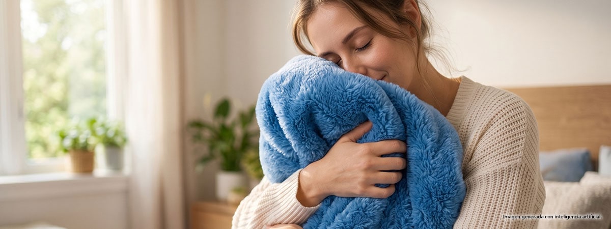 Mujer oliendo una manta azul con los ojos cerrados, disfrutando el aroma fresco de Suavitel.