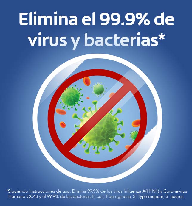 Elimina el 99.9% de virus y bacterias*