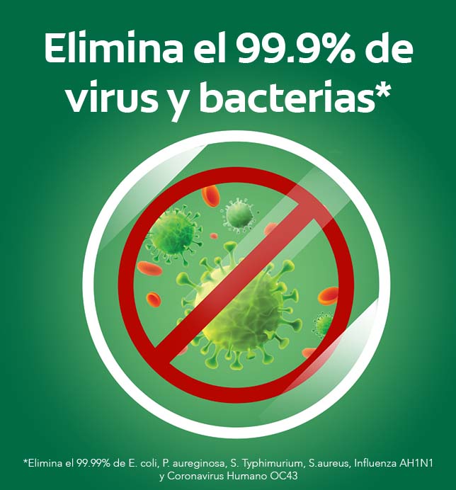 Elimina el 99.9% de virus y bacterias*