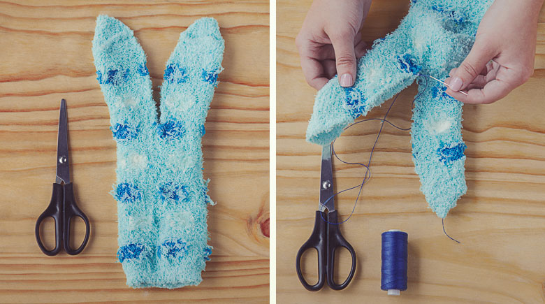Muñecos de calcetines: Cose las orejas del conejo