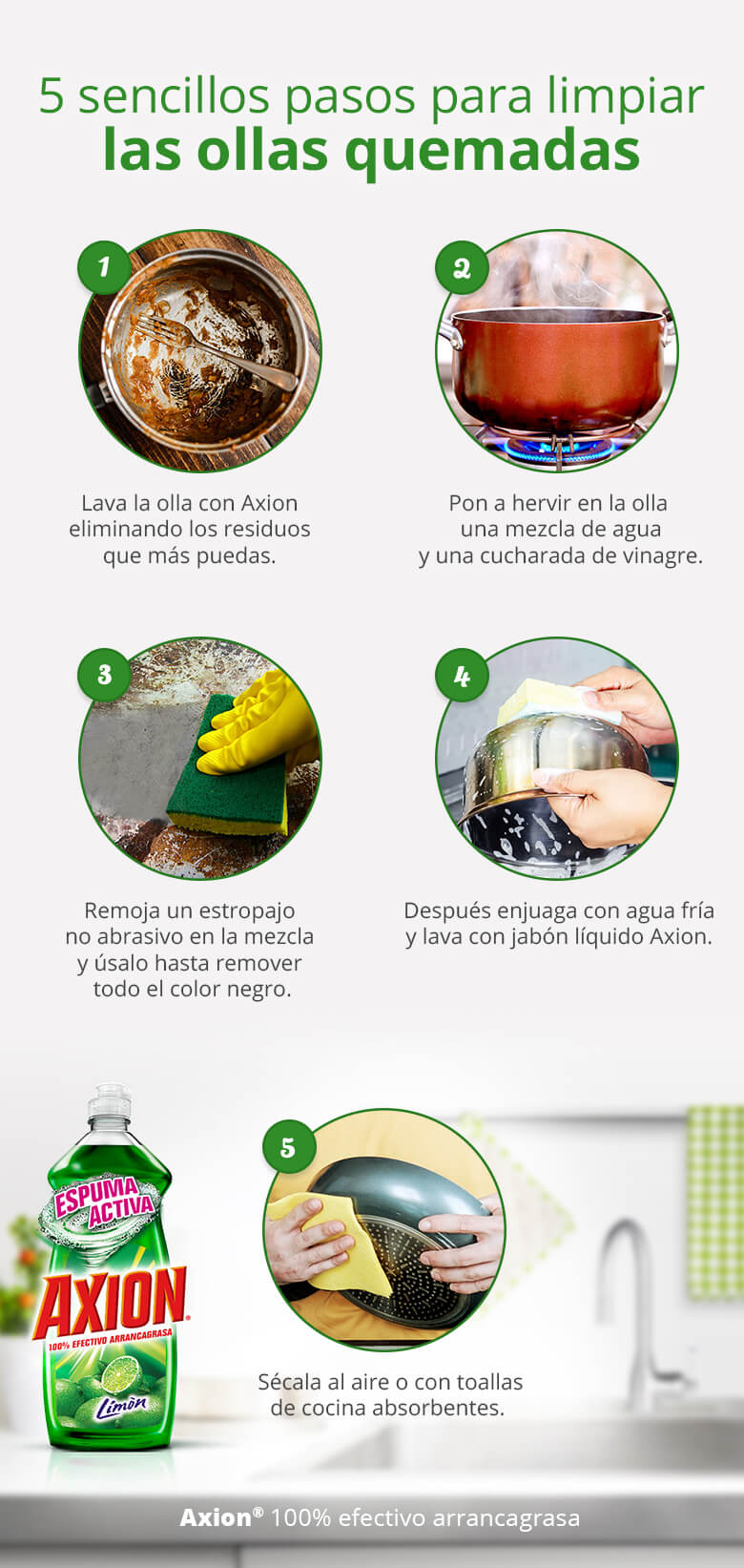 cinco pasos de como limpiar ollas quemadas