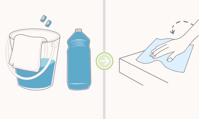 Diluye 125 ml de Ajax por cada 5 litros de agua. Humedece un trapo o esponja con esta solución y limpia