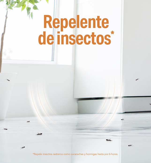 Su fórmula con aceite de citronela, repele insectos rastreros como cucarachas y hormigas hasta por 6 horas 