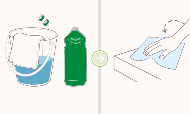 Para limpiar pisos, azulejos, paredes y otras superficies lavables diluye 125 ml de Ajax Pino por cada 5 litros de agua