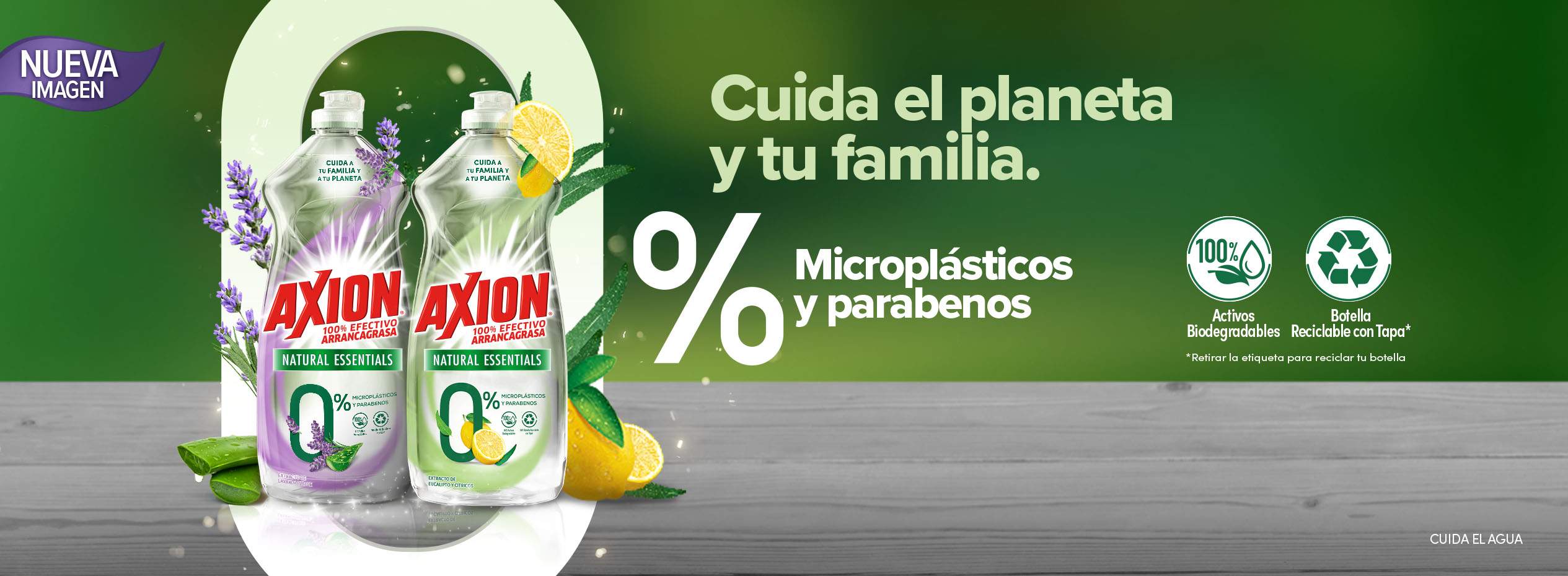 Cuida el planeta tanto como Tu Hogar con Axion® Natural Essentials Lavanda y Aloe. Fragancia con extractos naturales, activos biodegradables y botella reciclable con tapa