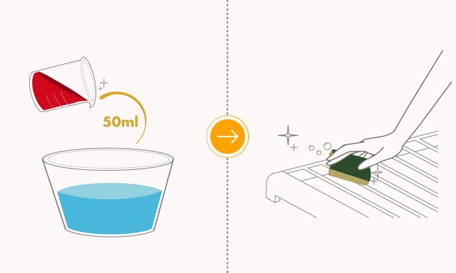 Disuelve el producto en 50 ml de agua, talla la parrilla y enjuaga