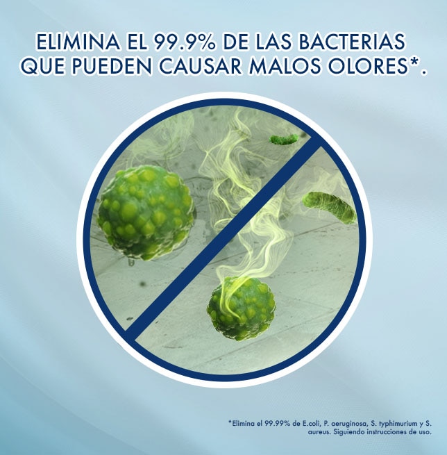 Sus partículas activas y fragancia concentrada eliminan el 99.9% de las bacterias que pueden causar malos olores