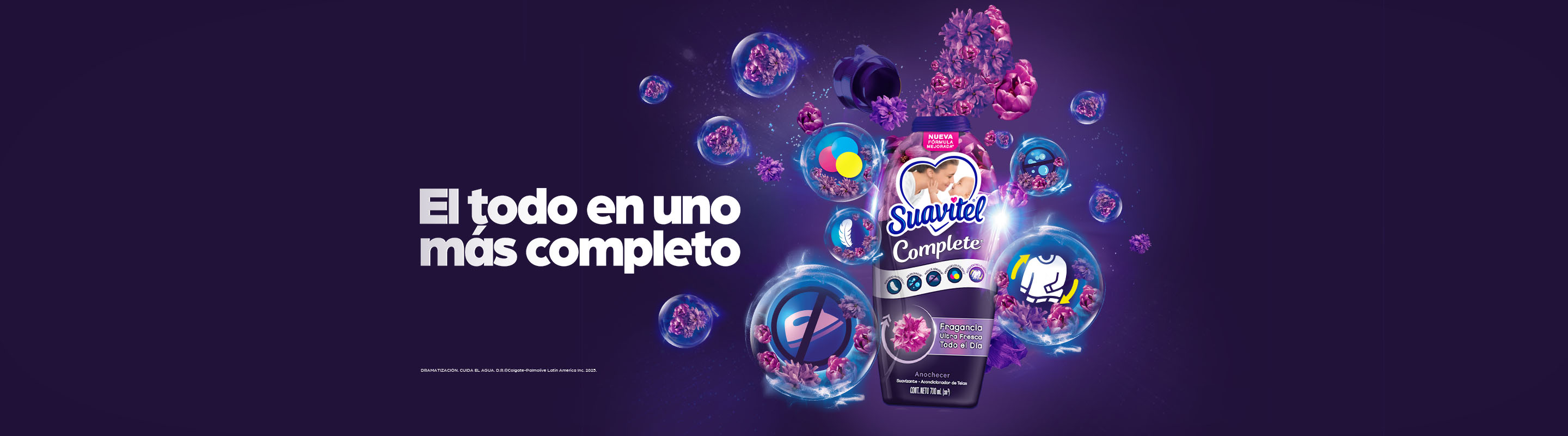 Botella de Suavitel Complete Anochecer con flores moradas y beneficios visuales como protección de color, suavidad, control de estática y frescura todo el día.