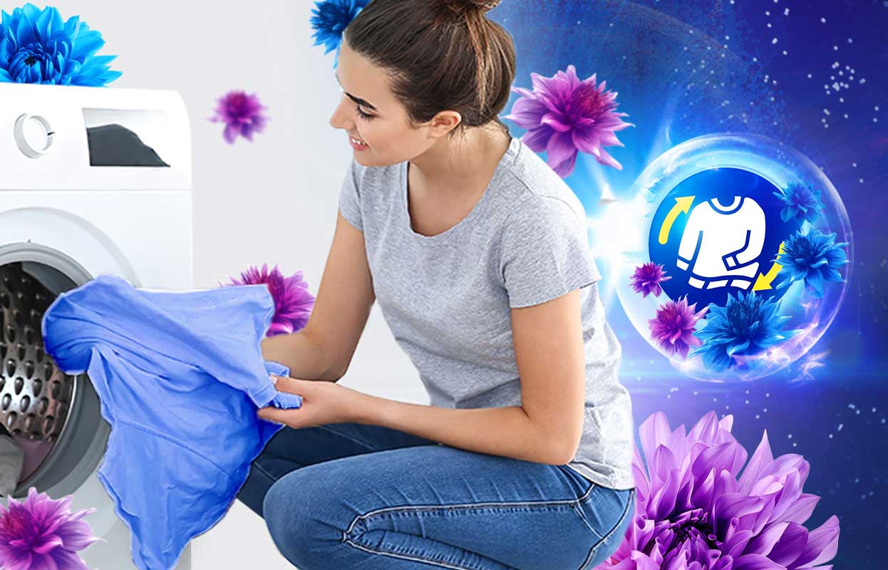 Madre e hija jugando en casa con un peluche, acompañados por un banner que destaca los beneficios del suavizante de telas Suavitel Complete Fresca Primavera.